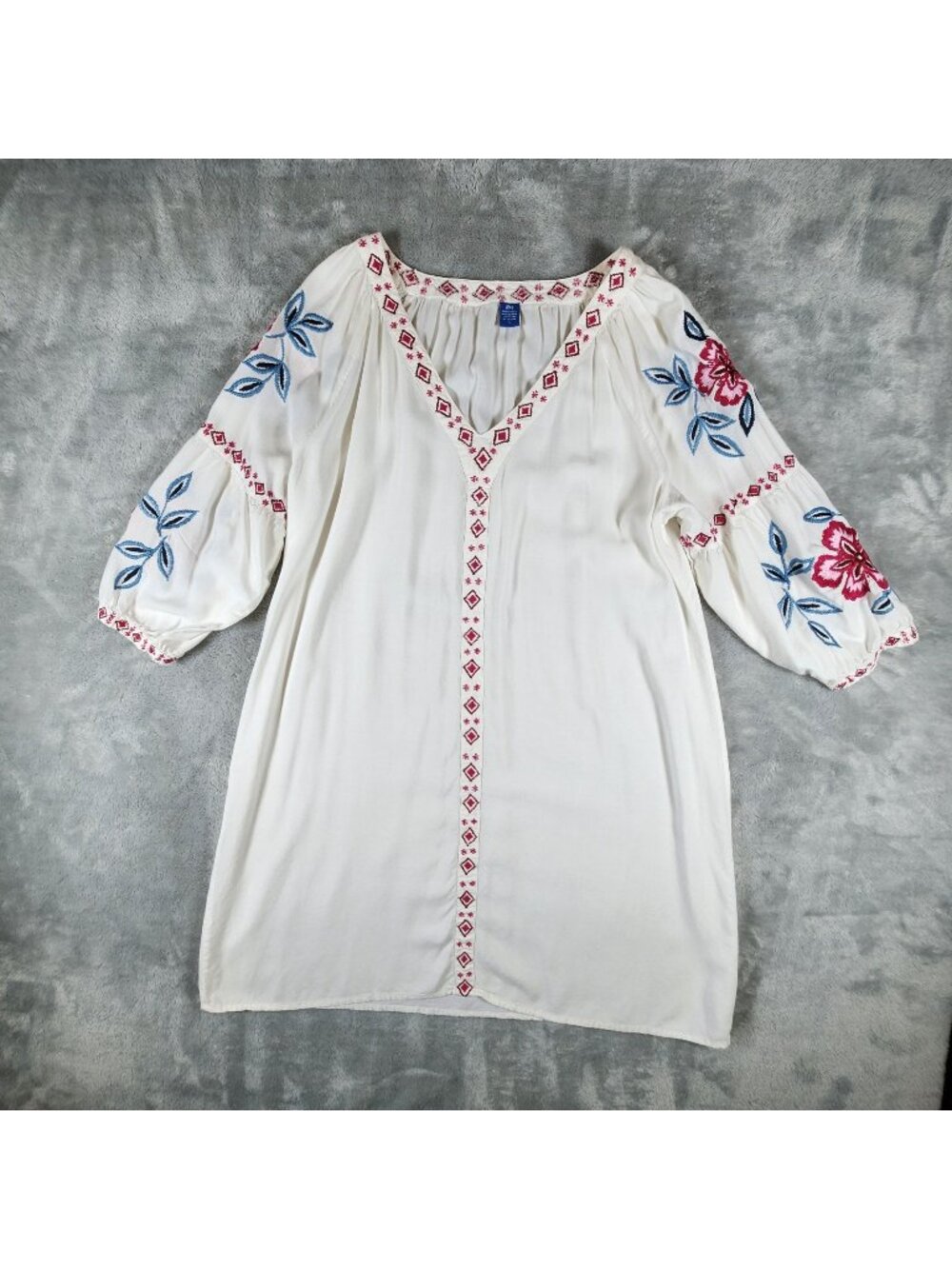 Raj Embroidered Tunic Dress Large Floral Balloon Sleeve Hippie Peasant Boho Indi